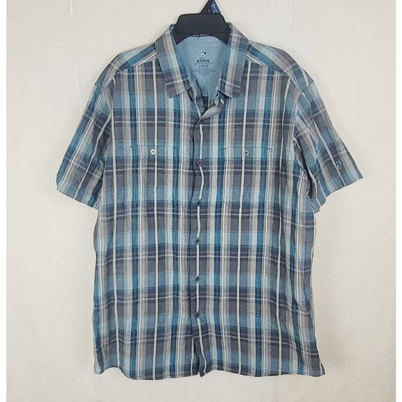 Kuhl Skorpio blue plaid linen blend short sleeved button up shirt Size large - Picture 1 of 6